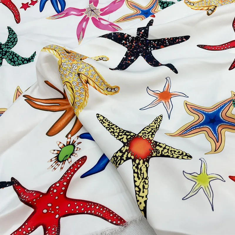 Fashion Colorful Starfish Printed Imitate Silk Satin Fabric For Women Dress Blouse Pajamas Stoffa Tuch Ткань DIY Cloth Sewing