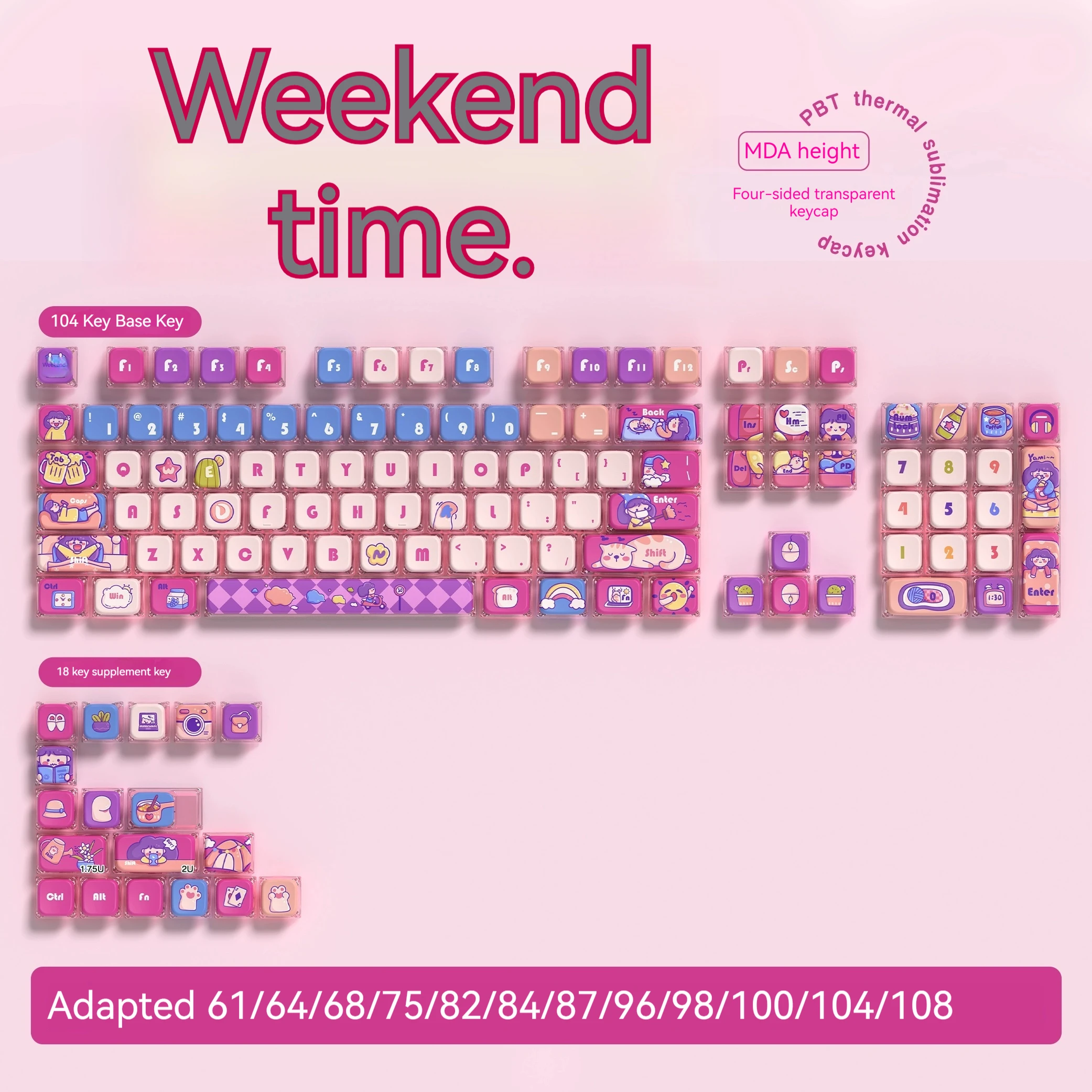 

Accessories Weekend Time Keycaps Mda Profile Four-Side Transparent Personalized Pbt Sublimation Mechanical Keyboard Keycaps