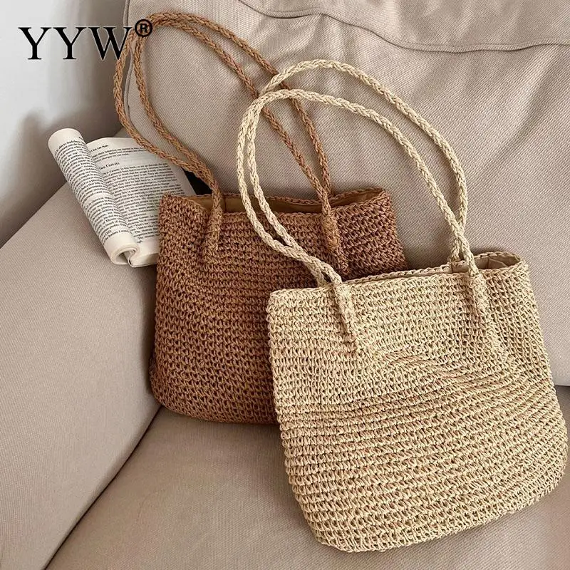 Casual Straw Wheat Woven Pattern Women Handbag Zipper Large Capacity Paper Rope Summer Beach Tote Bag Single Shoulder Lady Purse