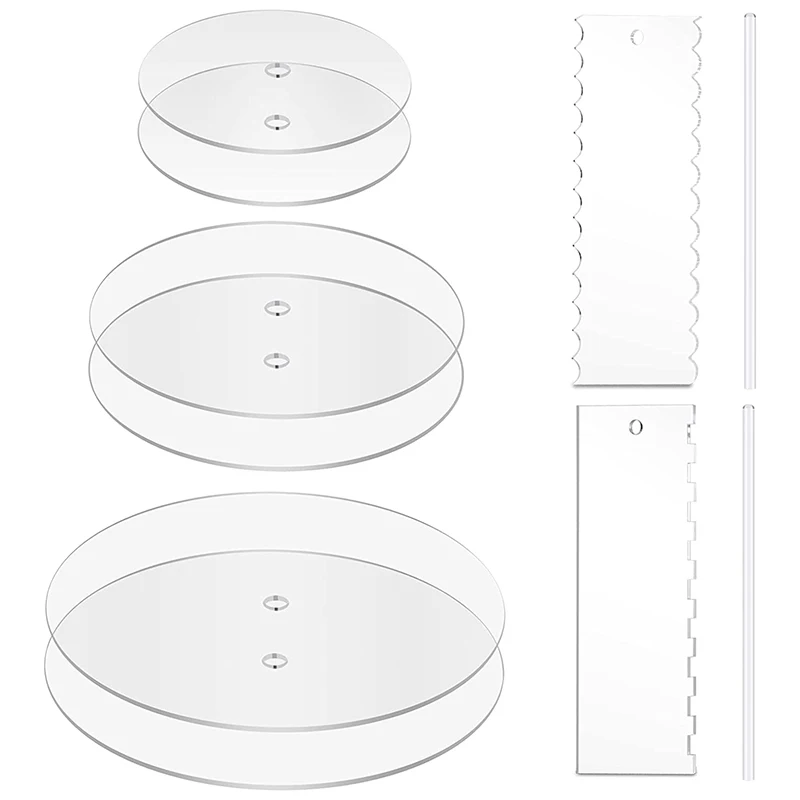 

Acrylic Round Cake Discs Set- 2 Circles Each Size (158 Mil Thick), Comb Icing Scraper, Cake Edge Smoother Cream Scraper