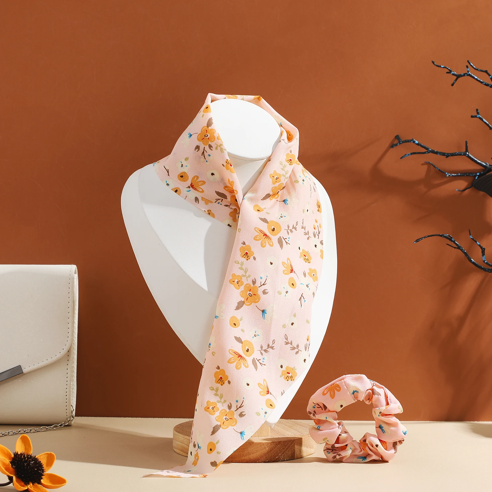

5pcs Cloth Scrunchies Flower Print Elastic Rings Women Ponytail Holders Long Hair Ties Hair Accessories Costume Party Christmas