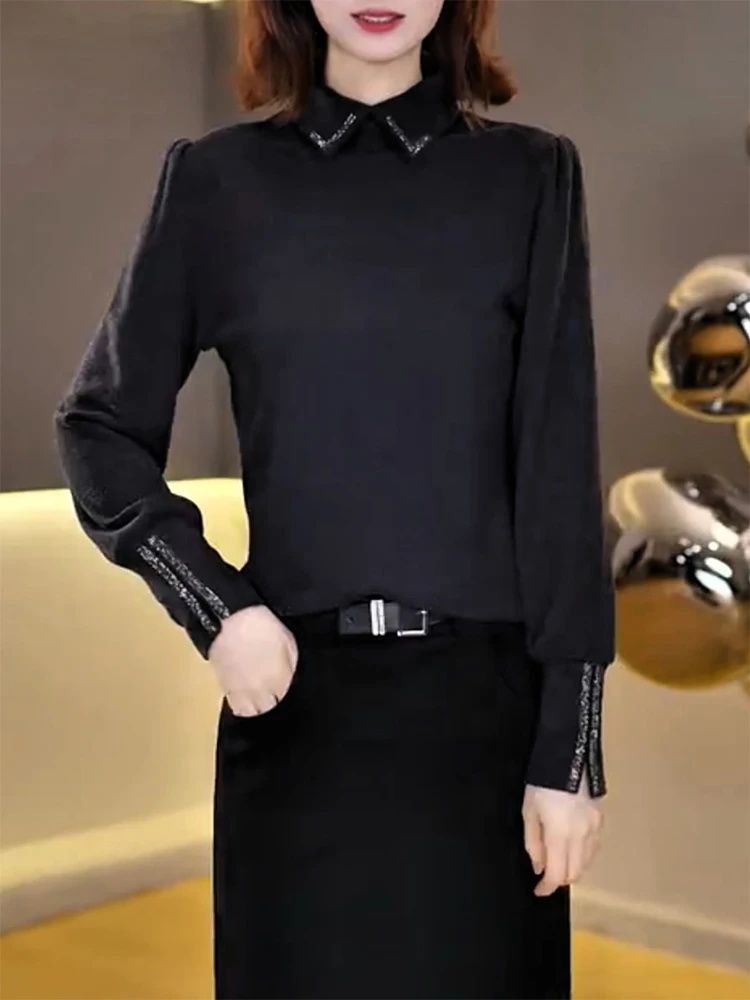 

Стильный вязаный свитер с воротником и вставками, больших размеров, универсальный, стройнящий женский топ для осени и зимы, теплый, с длинными рукавами, для повседневной носки