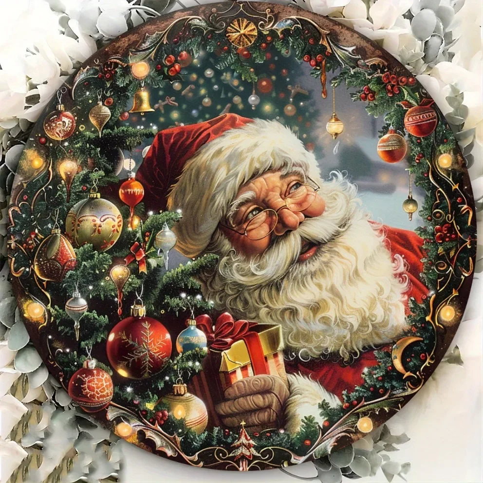 Vintage Santa with Gifts Aluminum Sign - 8x8 Inch Foil Embossed Metal Wall Art for Home Restaurant Cafe Garage**