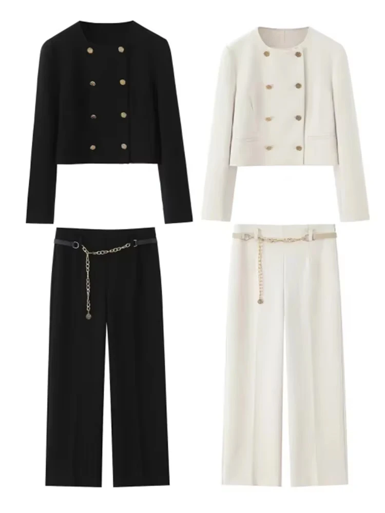 

HH Women Solid Pant Set O-Neck Long Sleeve Double-Breasted Blazers+High Waist Side Zipper Chain Matching Trousers Sets
