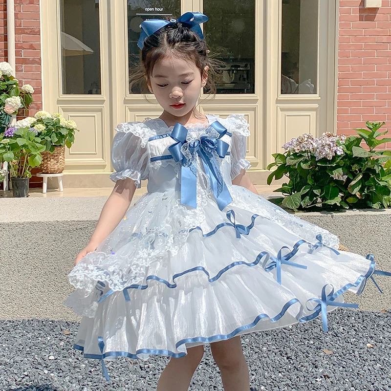 2024 summer new girl Princess Lolita dress children's lace dress foreign girl fluffy mesh dress skin-friendly breathable fabric