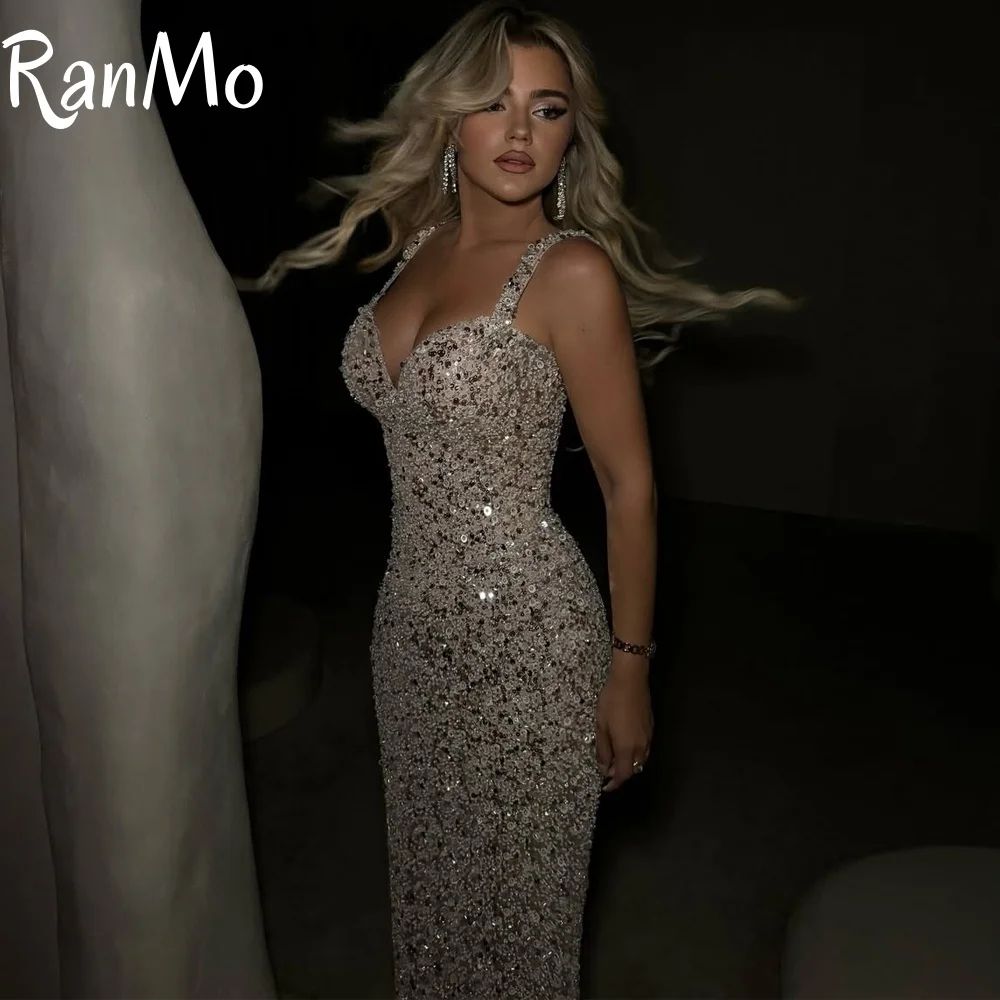 

Ranmo Customized Elegant Spaghetti Strap Beaded Shiny Sleeveless Evening Dress Mermaid Prom Gown Temperament Bridal Party Dress