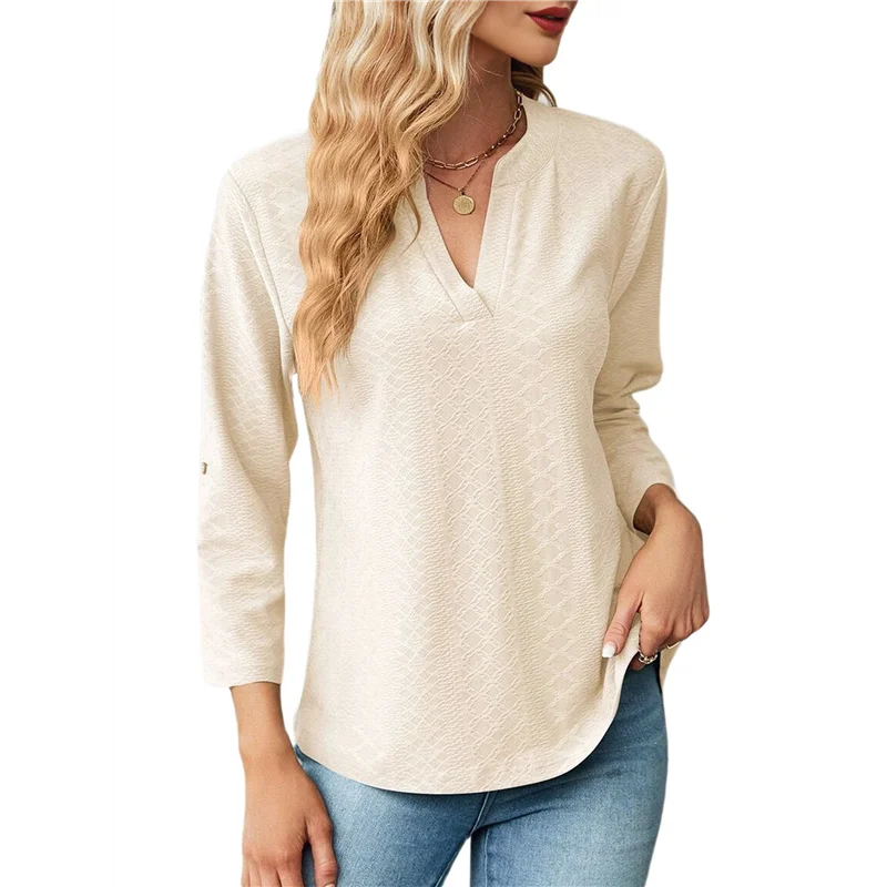 

ABRT-Blouses For Women Dressy Casual 3/4 Length Sleeve Womens Tops V Neck T Shirts With Roll Up Sleeve