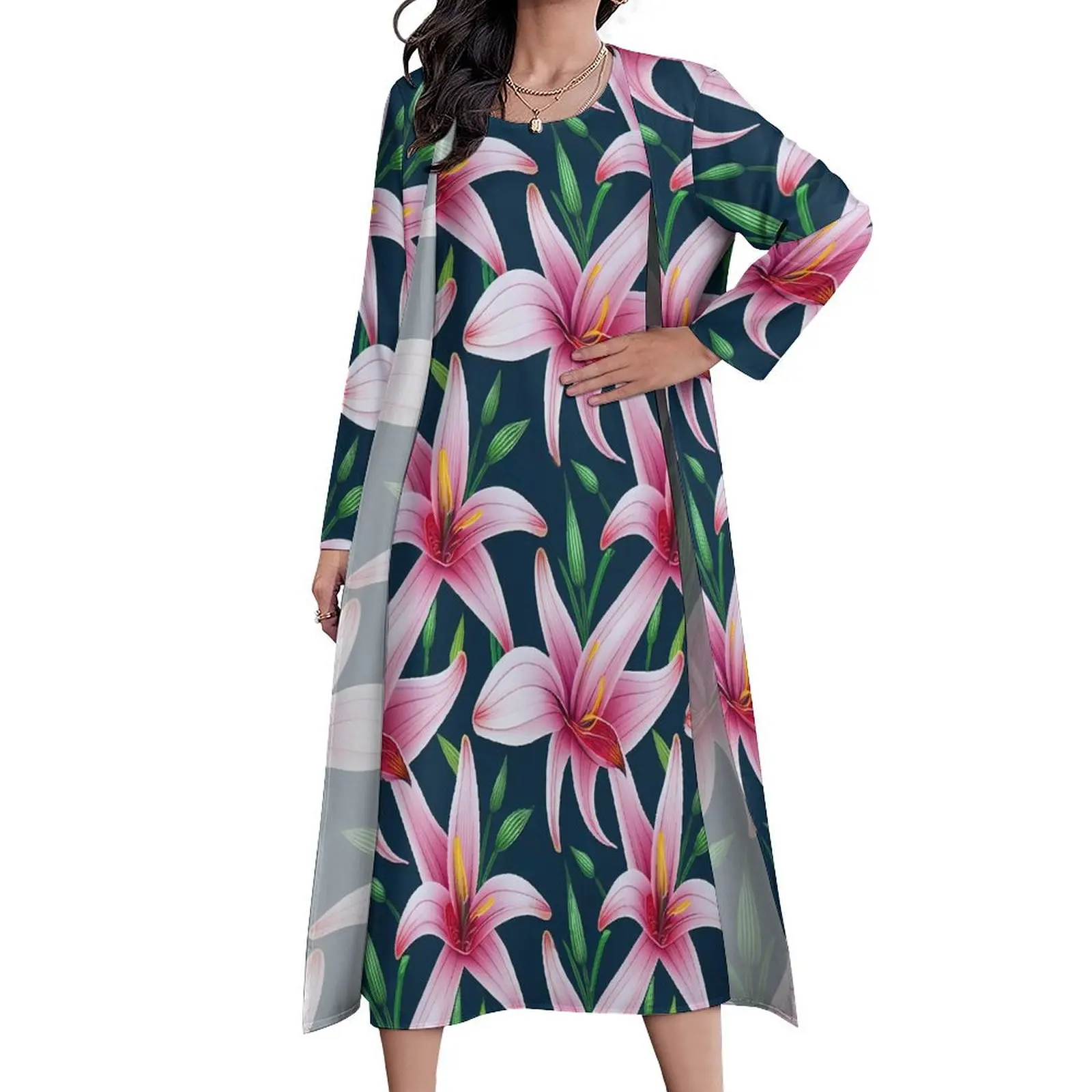 Lily Floral Dress Pink Flowers Elegant Maxi Dress Long Sleeve Graphic Casual Long Dresses Aesthetic Oversized Vestido