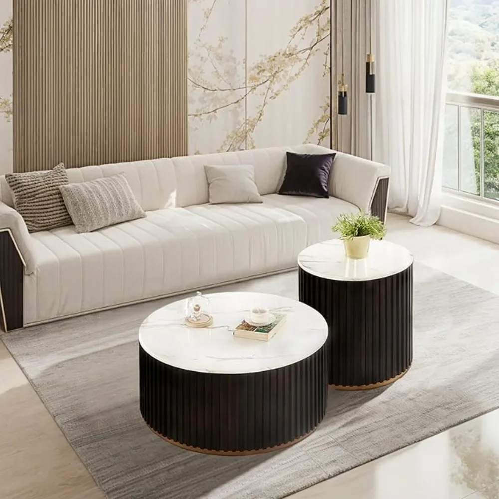 Coffee Table Set of 2 with Marble Lid ＆ Hidden Storage, Handcraft Drum Side Tables, Round Wood Coffee Table,Café Furniture