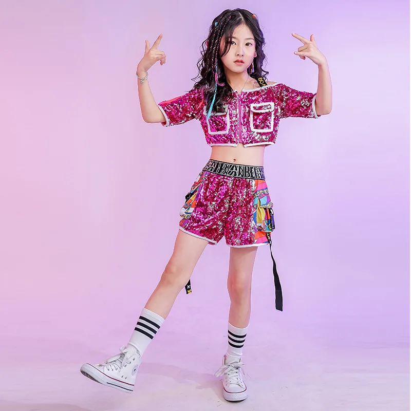 Girls' Hip-hop, Street Dance, Jazz Dance Performance Costumes with Sequins, Stylish and Personalized Fashion Runway Costumes
