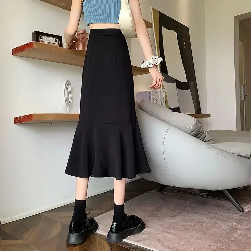 New 2025 Summer Skirts Women Fashion Elegant High Waist Black White Long Mermaid Skirt Woman