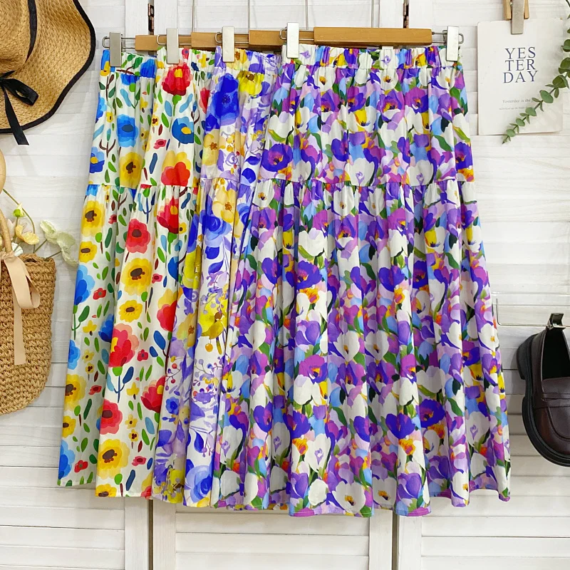 

Ретро-юбка миди с цветочным принтом и эластичной талией, женская, весна-лето, новая, элегантная, стройнящая, с расклешенным подолом, средней длины