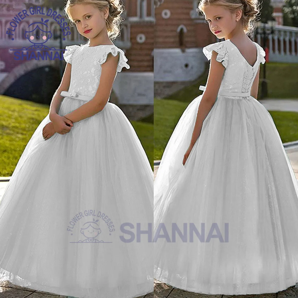 2023 White Sleeveless Floor Length Lace Pageant Flower Girl Dresses for Princess First Communion Dresses Kids Prom Gown