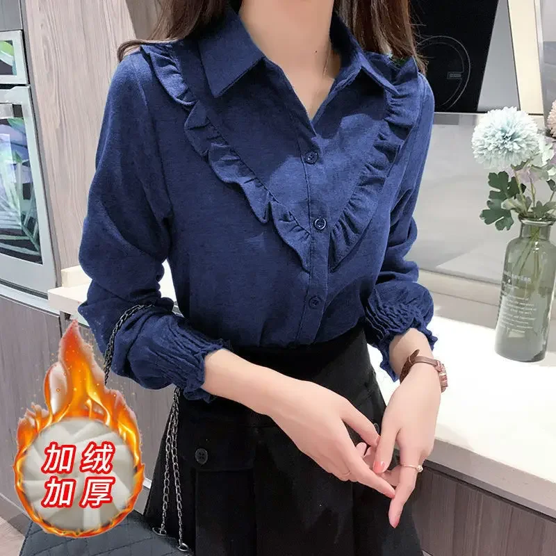 

Solid Thin Sweet Blouses Ruffles Patchwork Button Turn-down Collar Pleated Vintage Temperament Autumn Winter Women's Clothing