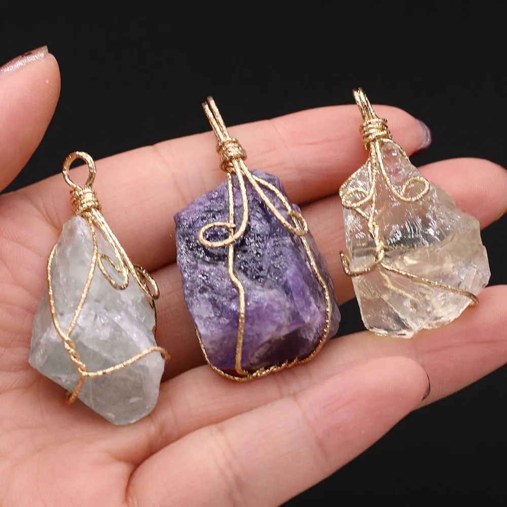 Natural Crystal Stone Pendant Irregural Winding Golden Rose Quartz Amethyst Pendant for Women Jewerly DIY Necklace Accessories