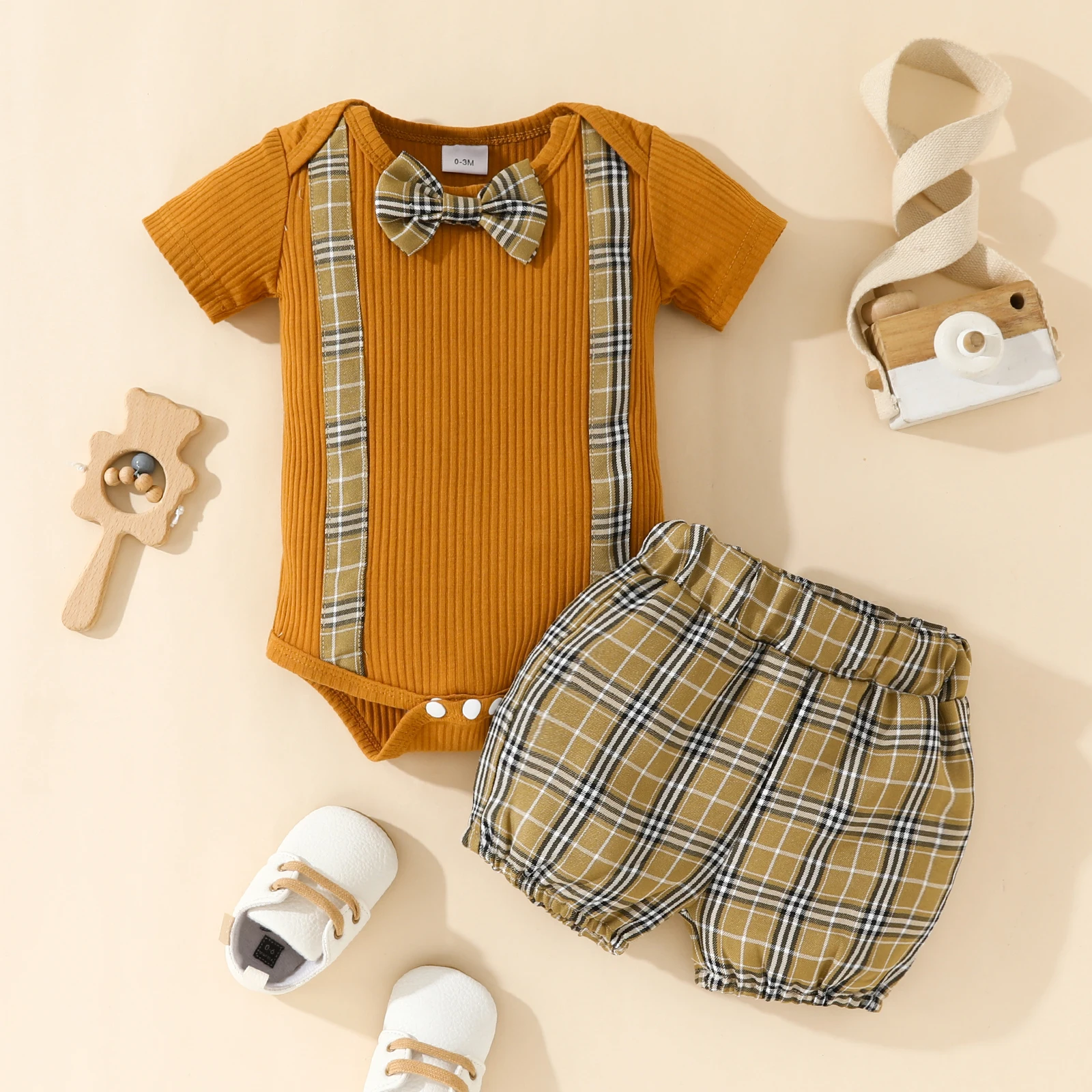 2pcs Baby Boys Casual Bowknot Short Sleeve Onesie & Plaid Shorts Set Clothes