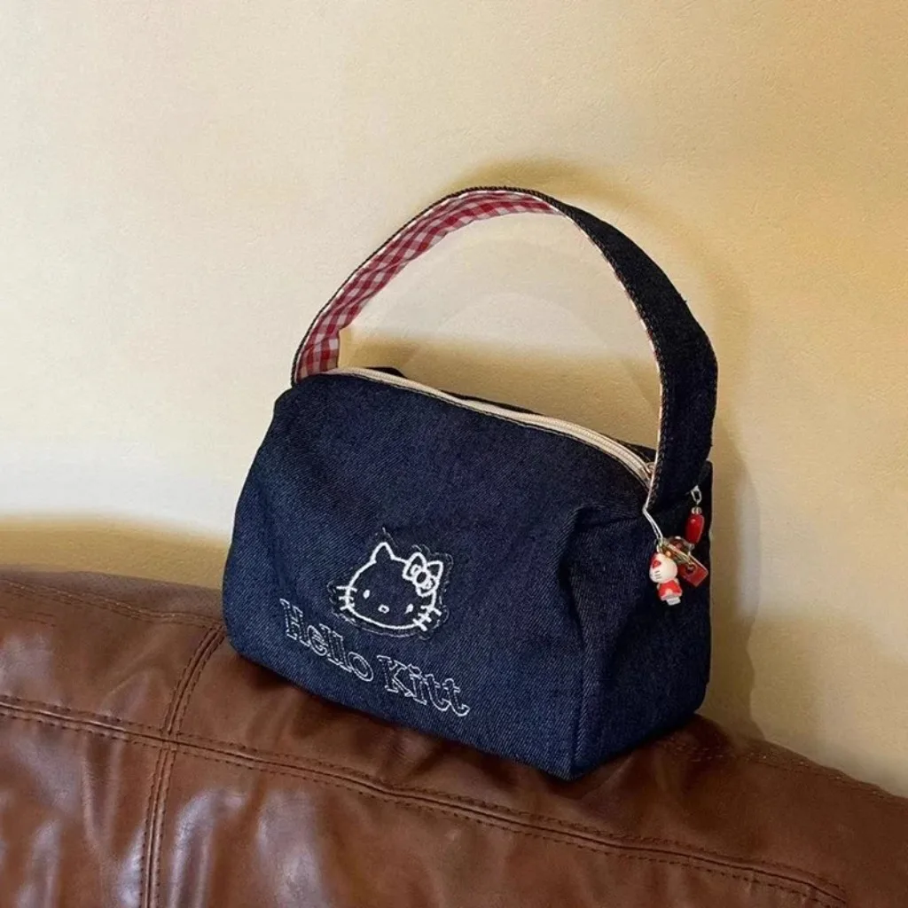 Sanrio Hello Kitty Embroidery Denim Cosmetic Bags Anime Handbags Cartoon Tote Large Capacity Clutch Bag Travel Organizer Satchel