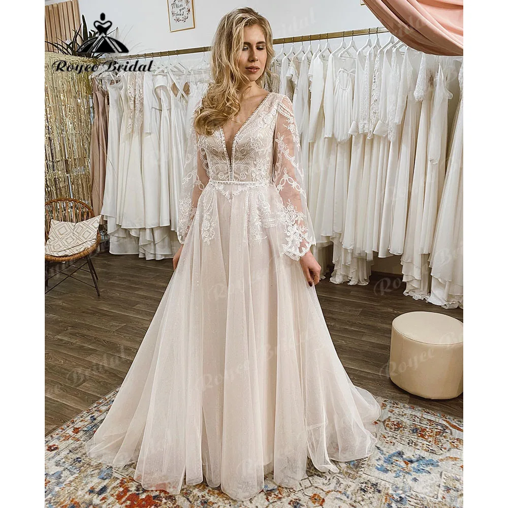 Vintage Boho Plunging Long Flare Sleeve Backless Women Shiny Glitter Wedding Dress Civil Robe Bridal Gowns Vestidos De Novia