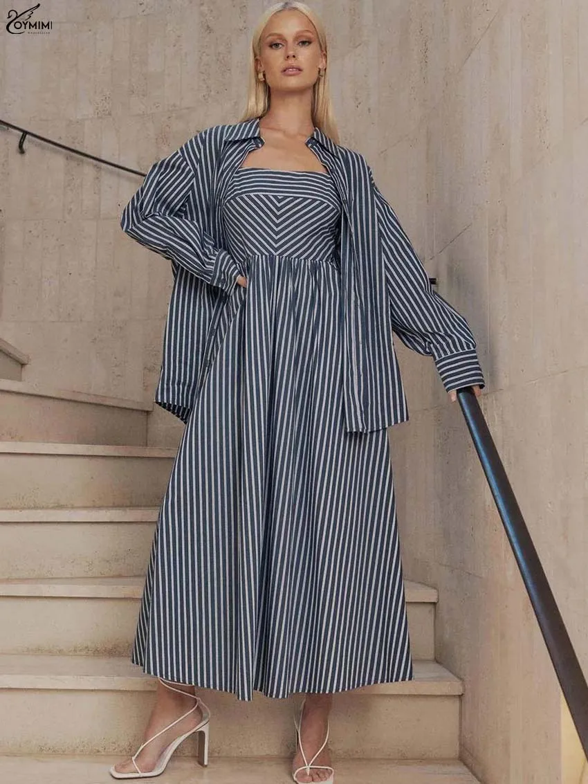 

Oymimi Fashion Blue Print 2 Piece Sets Woman Outfit Elegant Long Sleeve Button Shirts And Strapless Ankle-Length Dresses Sets