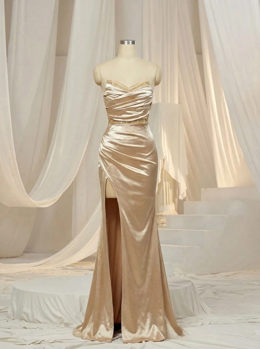 

French Champagne Satin Prom Dresses Strapless Mermaid Wedding Dress Elegant Sleeveless Sexy Side Split Vestidos De Fiesta 2025