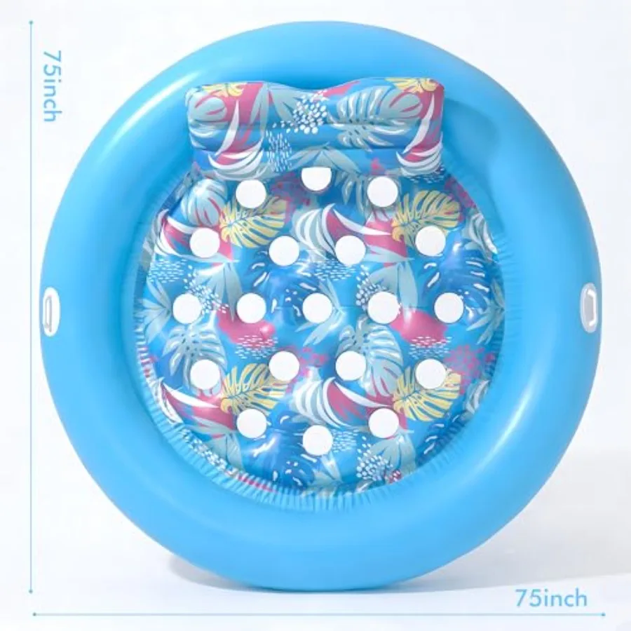 Inflatable Pool Floats for Adults, Heavy Duty PVC, Blue, 75x75 XL Size with 19 Cooling Vents, Removable Headrest and Grab Handl