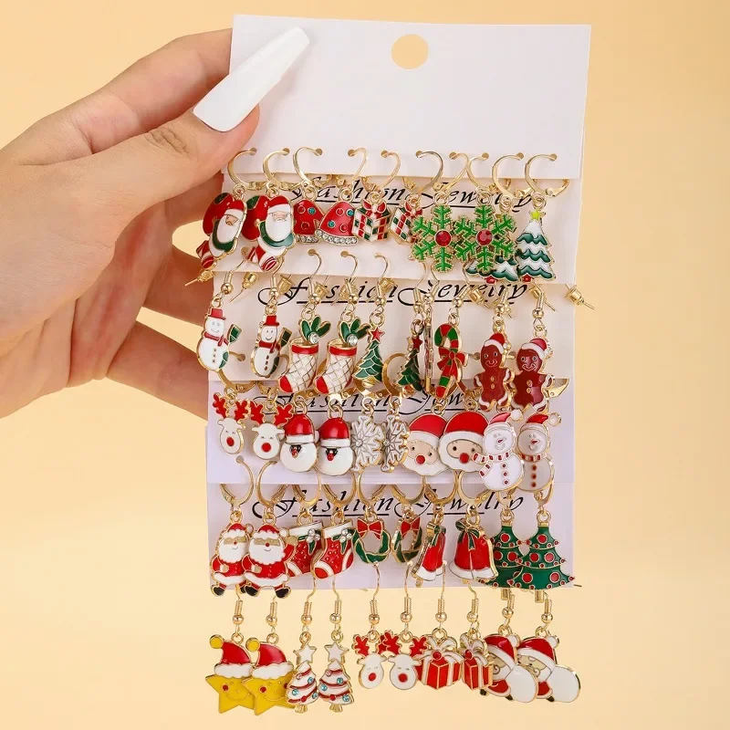 Christmas Alloy Snowman Santa Claus Gift Drip Earrings Set, Suitable for Christmas Wear, Holiday Party Gifts