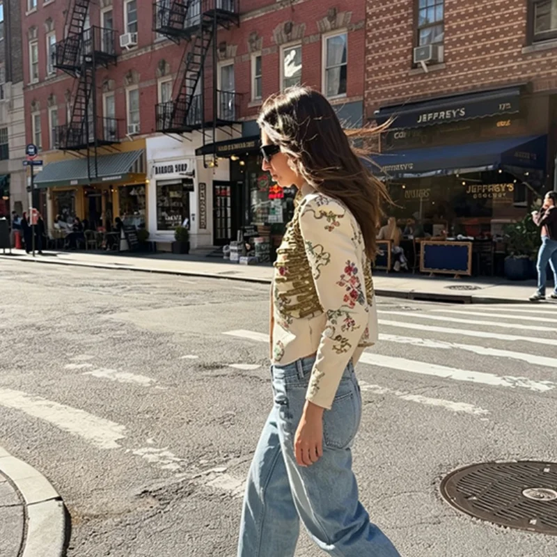 Herbst Damenjacke Retro Stehkragen Langarm Kurzmantel Bestickte Blumen Einreihige Streetwear Damen-Oberbekleidung