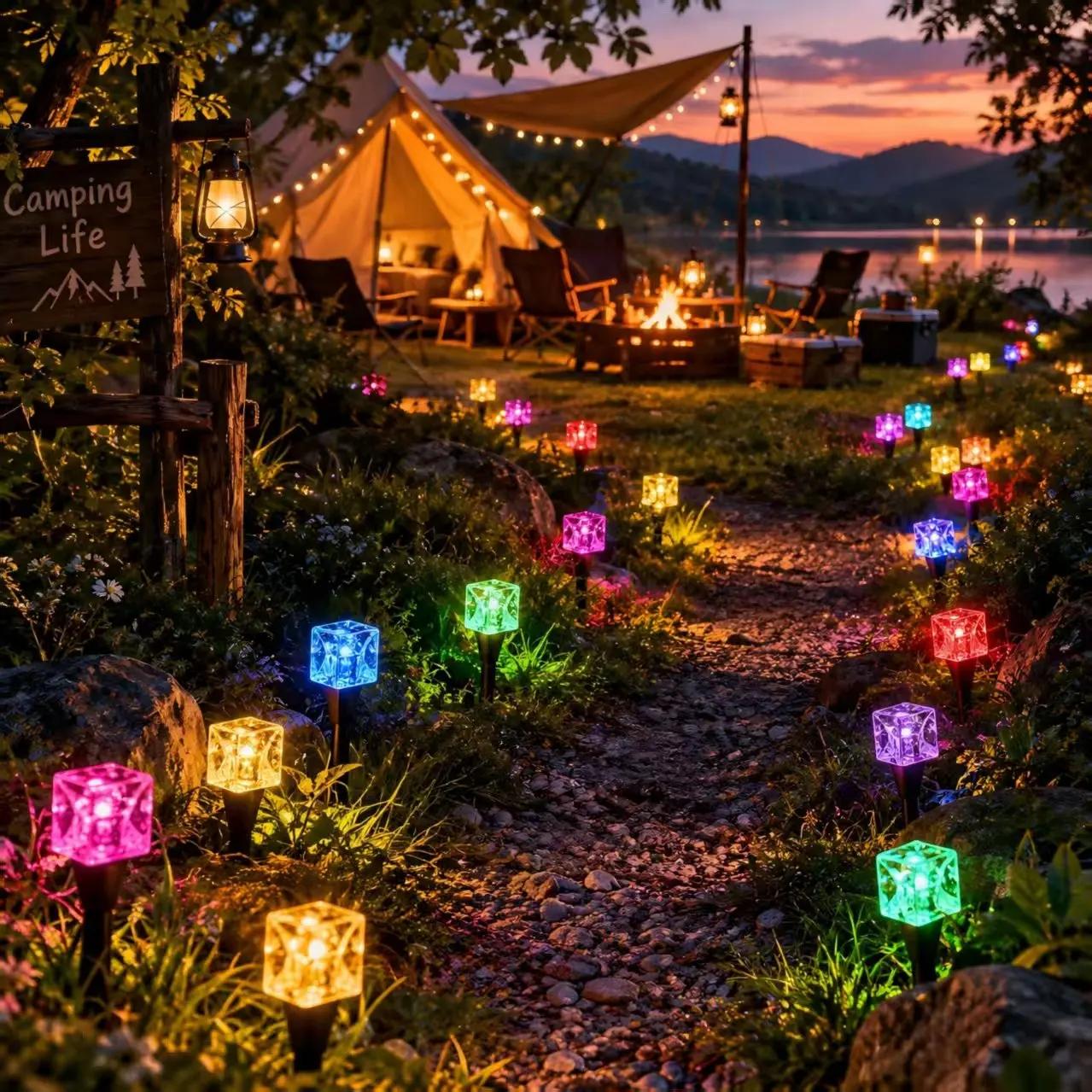 Solar Crystal Cube Ground Stake Lights, Diamond Faceted LED Pathway Lamp, Warm Light Outdoor Lawn, Xmas & Landscape Decoration