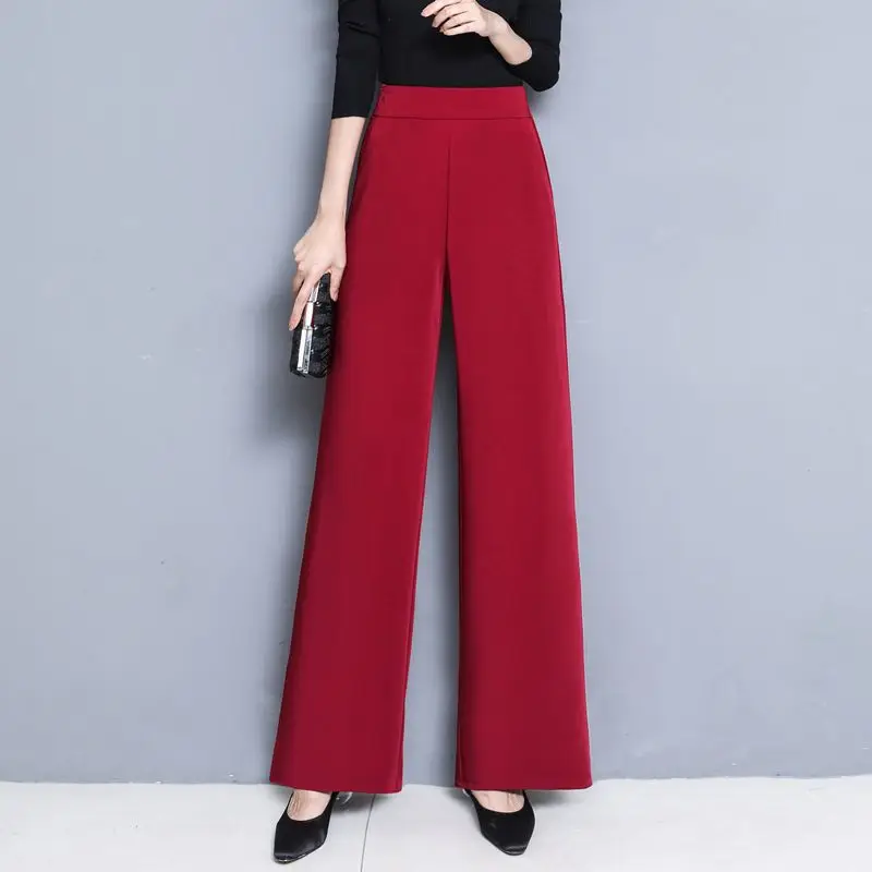 Womens High Waist Solid Wide Leg Pants Elastic Waistband Loose Full Length Casual Office Trousers