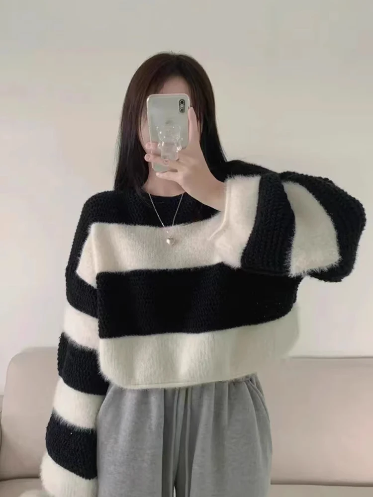 

Women's Korean Sle Knitted Sweater ort Warmth Lantern Sve Striped Faux Mink Soft Lazy Faionable Autumn Winter Top