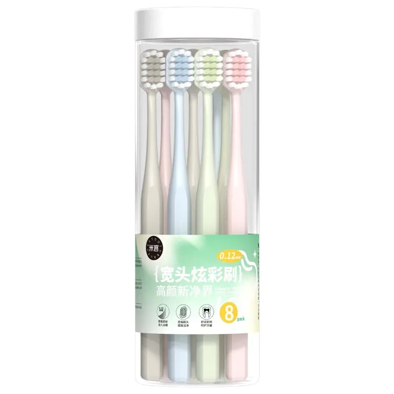 فرشاة أسنان للكبار بشعيرات ناعمة ممتازة برأس واسع منزلية فضية أيونية على الطراز الياباني حزمة عائلية 8 قطع تغليف دلو