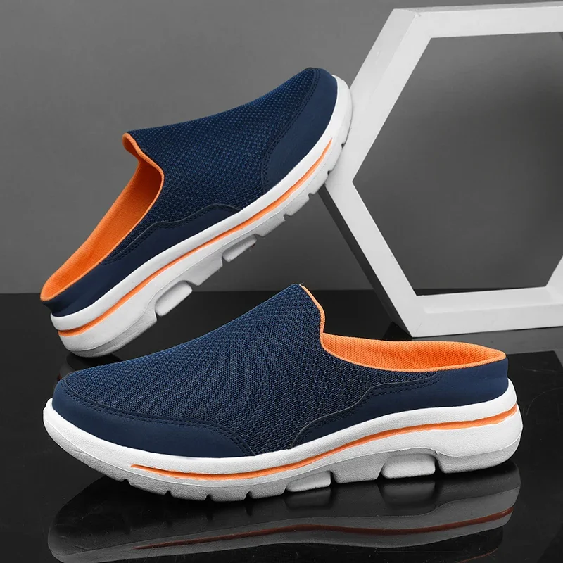 Men's half slippers Summer breathable mesh men's shoes Outdoor casual walking shoes Large flat light mesh slippers Sandals