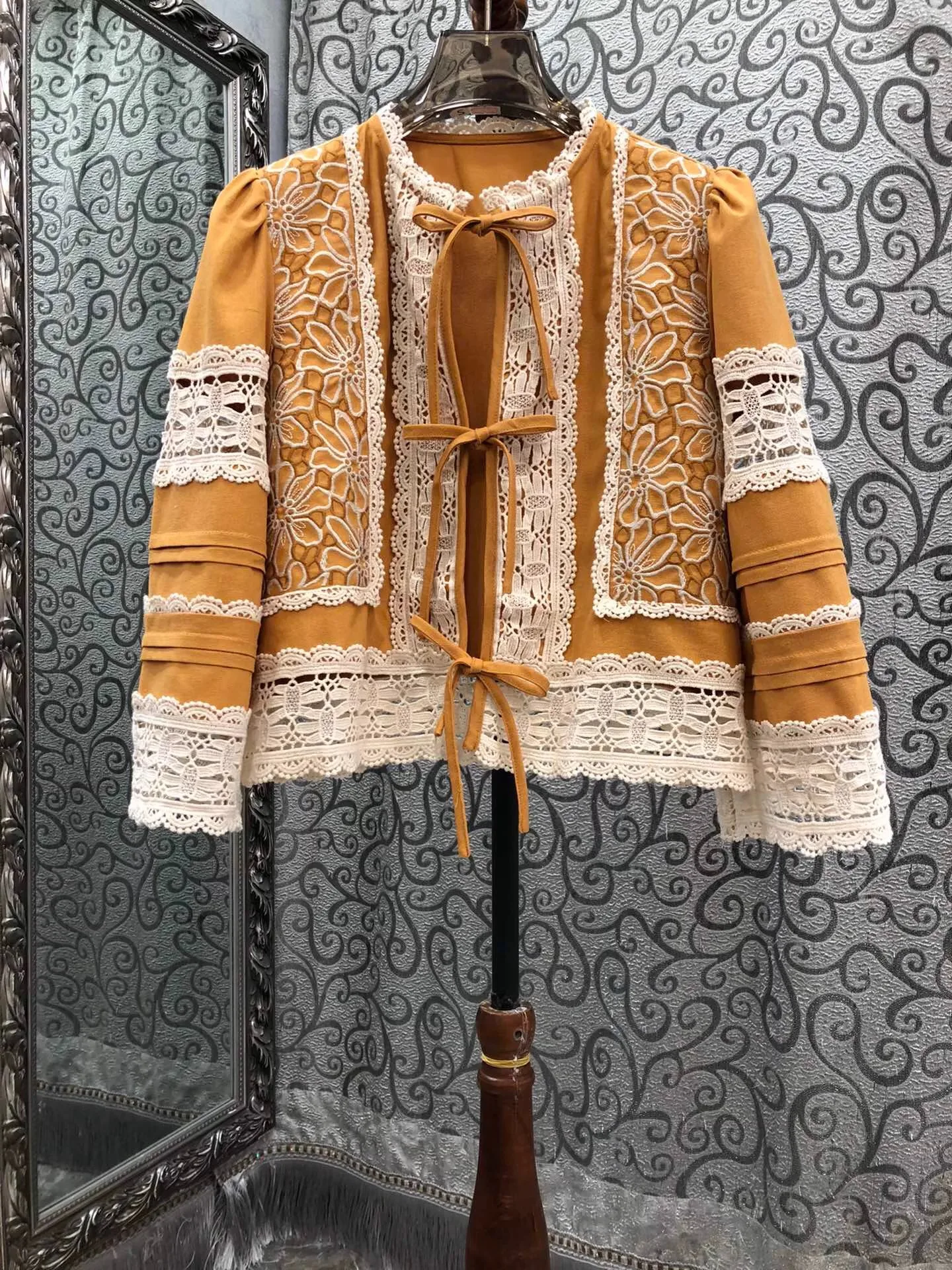 

Новая блузка высшего качества, рубашка 202, осень-зима, женская вязаная крючком кружевная вышивка, бант, деко, хлопково-льняная блузка с длинными рукавами, желтая