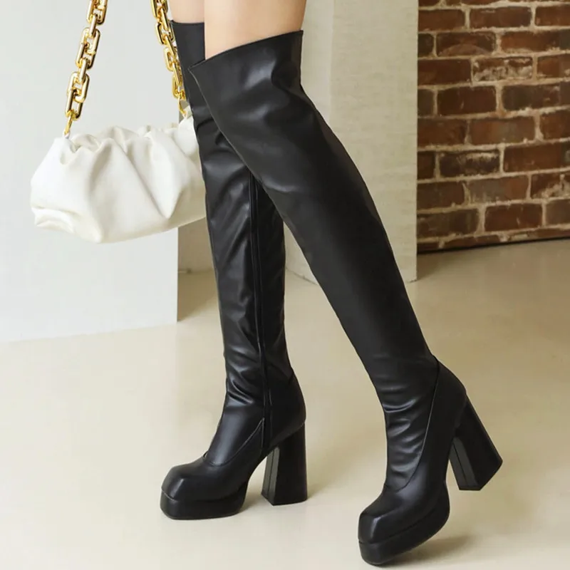 Fashion Thigh High Boots Women Platform Autumn Winter Over Knee High Boots Sexy Heels Fetish Black White Shoes Female Large Size