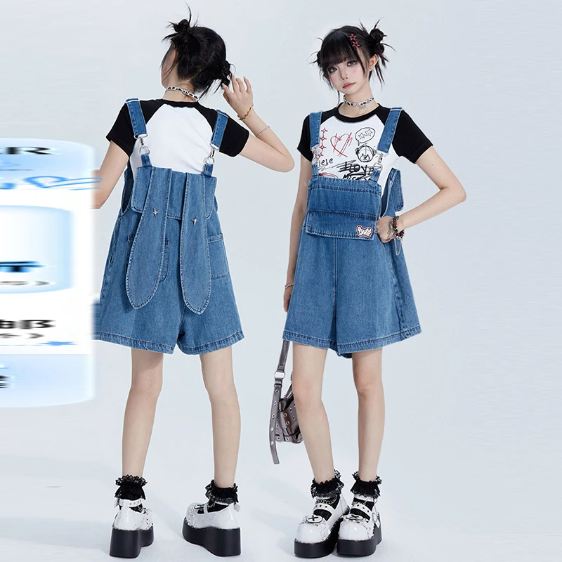 

Cute Anti-Aging Rabbit Ear Denim Overalls Women Summer 2024 New Small Size College Sle Slimming One-Piece Pants