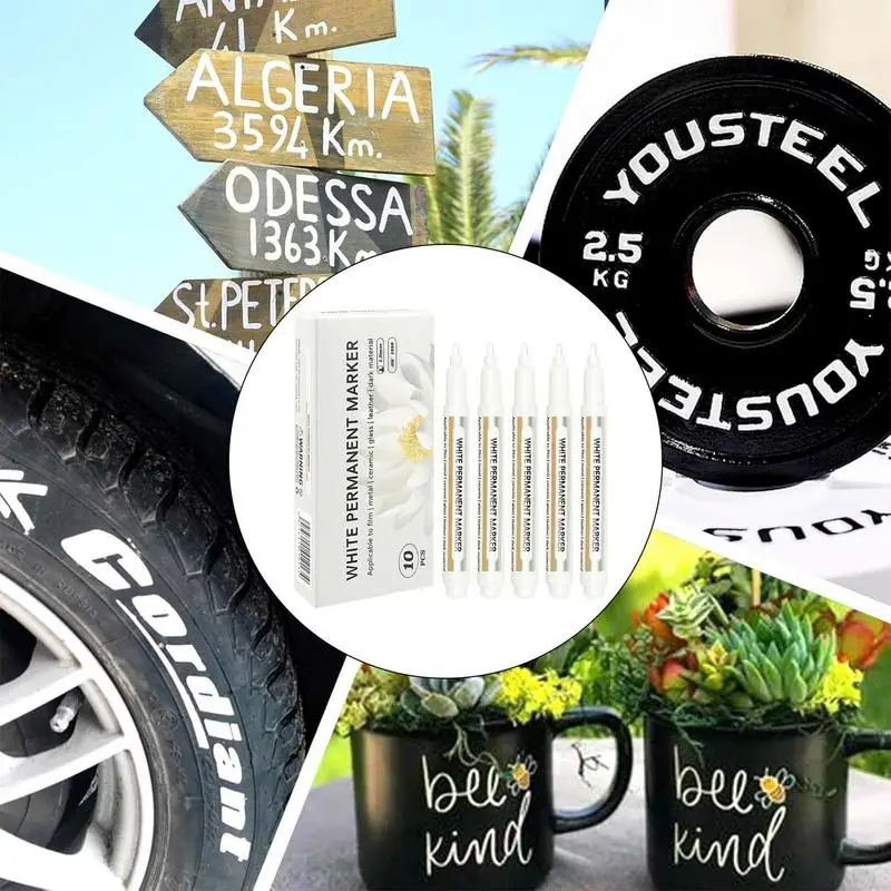 Rotulador de tinta blanca, marcador de pintura permanente resistente al agua, 10X, bolígrafo artístico de secado rápido, marcado a base de aceite, punta extrafina para neumáticos de madera