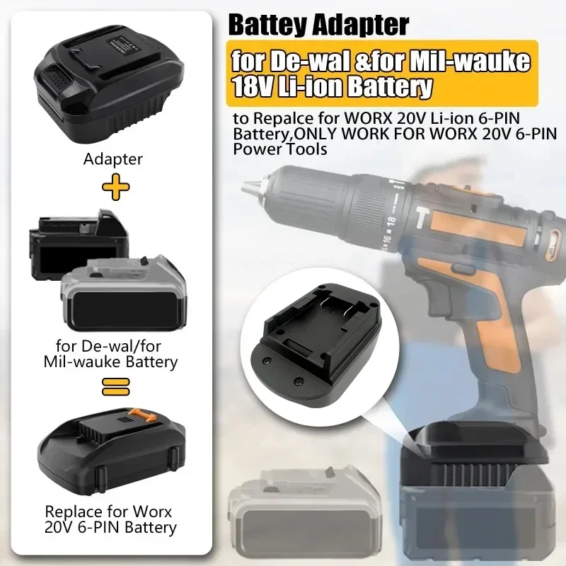 

Power Tool Converter for Milwaukee for M18 for Dewalt 18V 20V Lithium Battery DM20WORX6 Adapter for Worx 20V 6 Pin Power Tools
