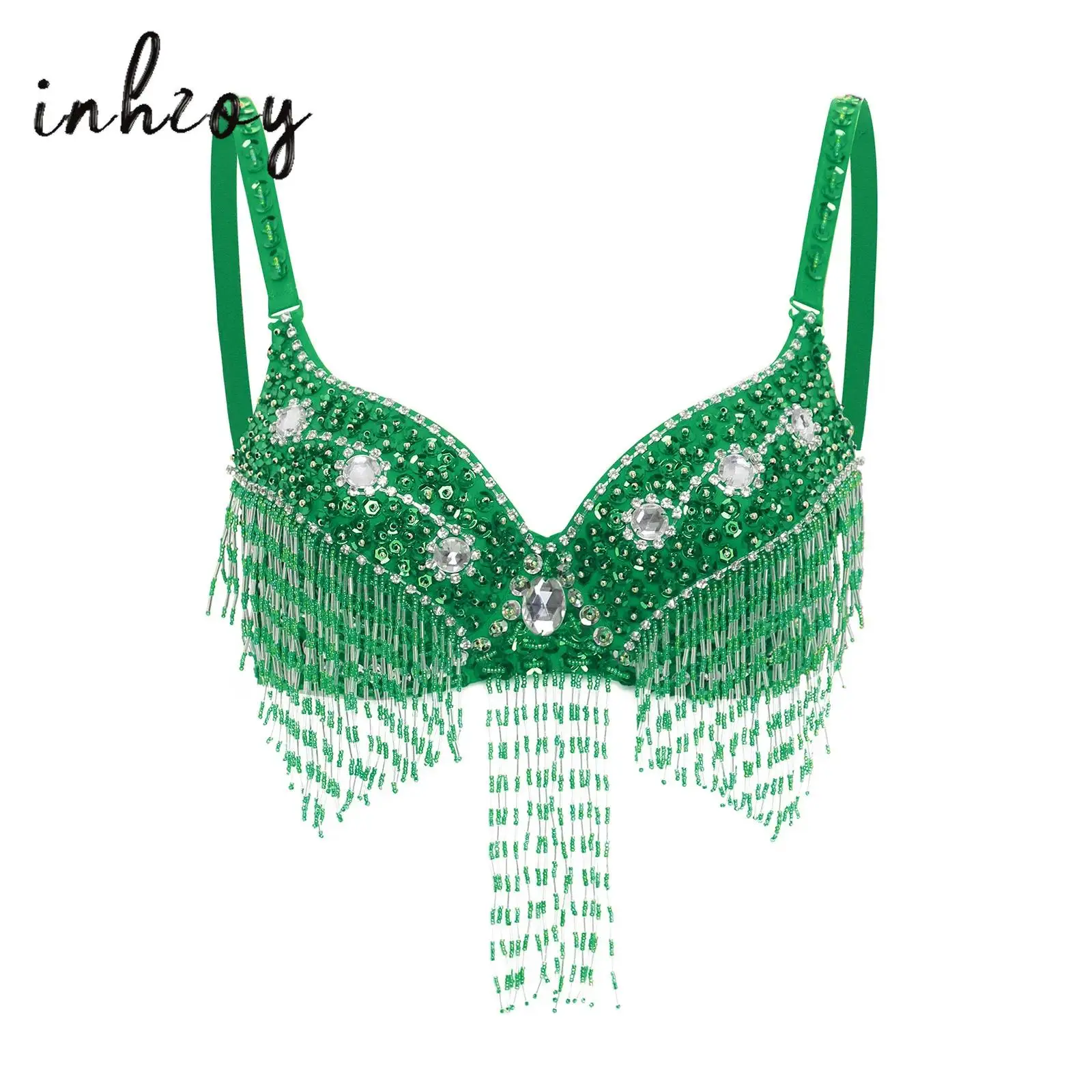 Sujetador para danza del vientre para mujer, Tops con lentejuelas brillantes, cuentas de plástico, flecos, sujetador con aros, Push Up, Balconette, Salsa, Rumba, traje de baile