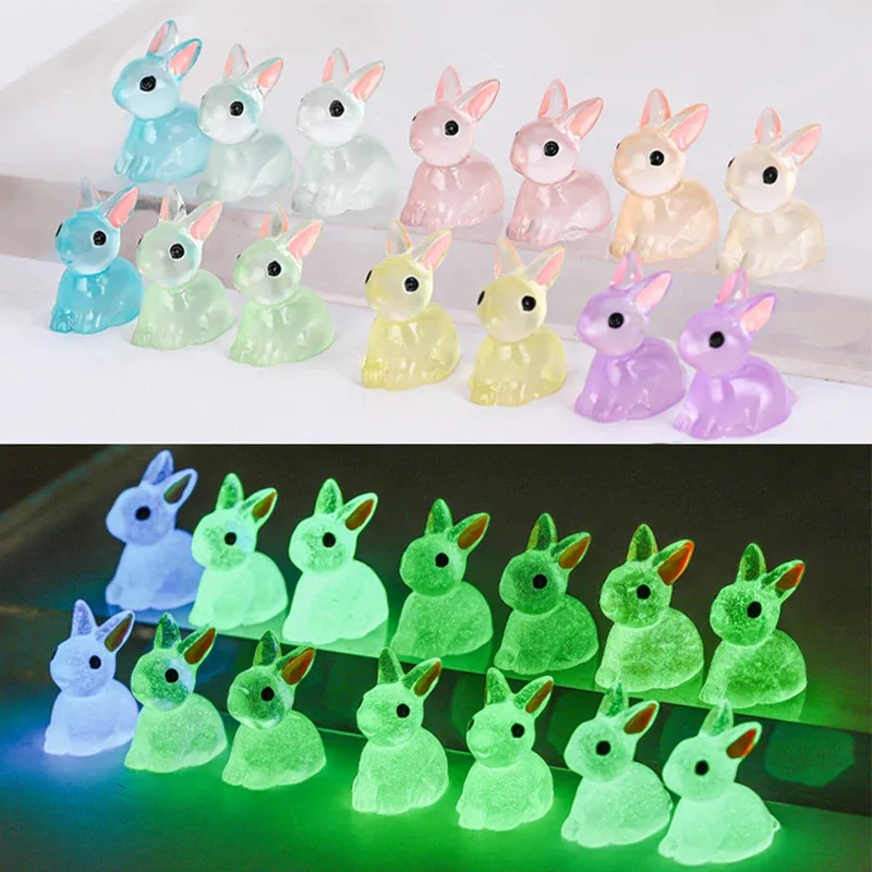 10pcs Mini Resin rabbit Figures Glow in The Dark Luminous rabbit Animals Tiny Ornaments for DIY Fairy Garden Glass Container