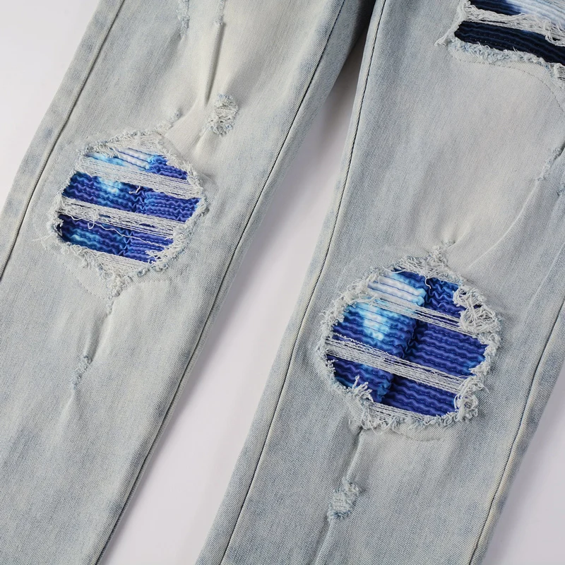 American fashion men's jeans retro elastic slim fit with perforated blue patch light blue trendy jeans Y2K