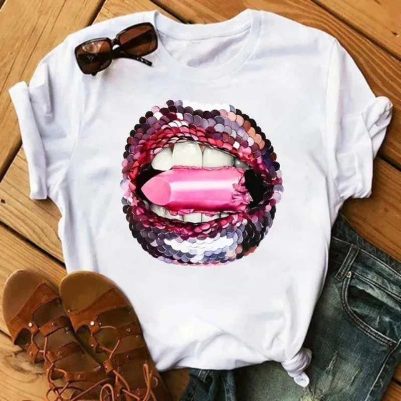 New Women Pink Lips Leopard Graphic T Shirt Casual Fahion O-neck Sexy Black Tees Kiss Lip Funny Girls Tshirt,Drop Shipping