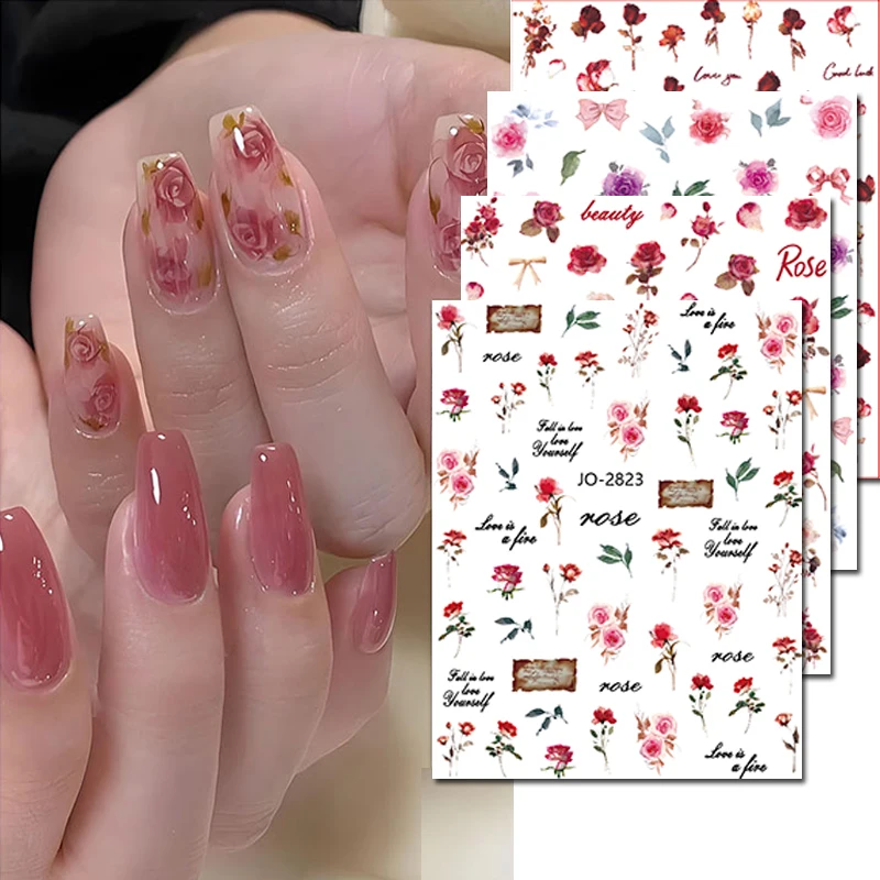 

3d Nail art Stickers Red Pink Roses Flowers Decals For Nail Decorations Manicures Beauty