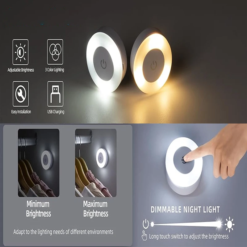 Stick Tap Push Touch Lamp Portable Lamps LED Night Light 3 Color Dimmable USB Rechargeable Battery