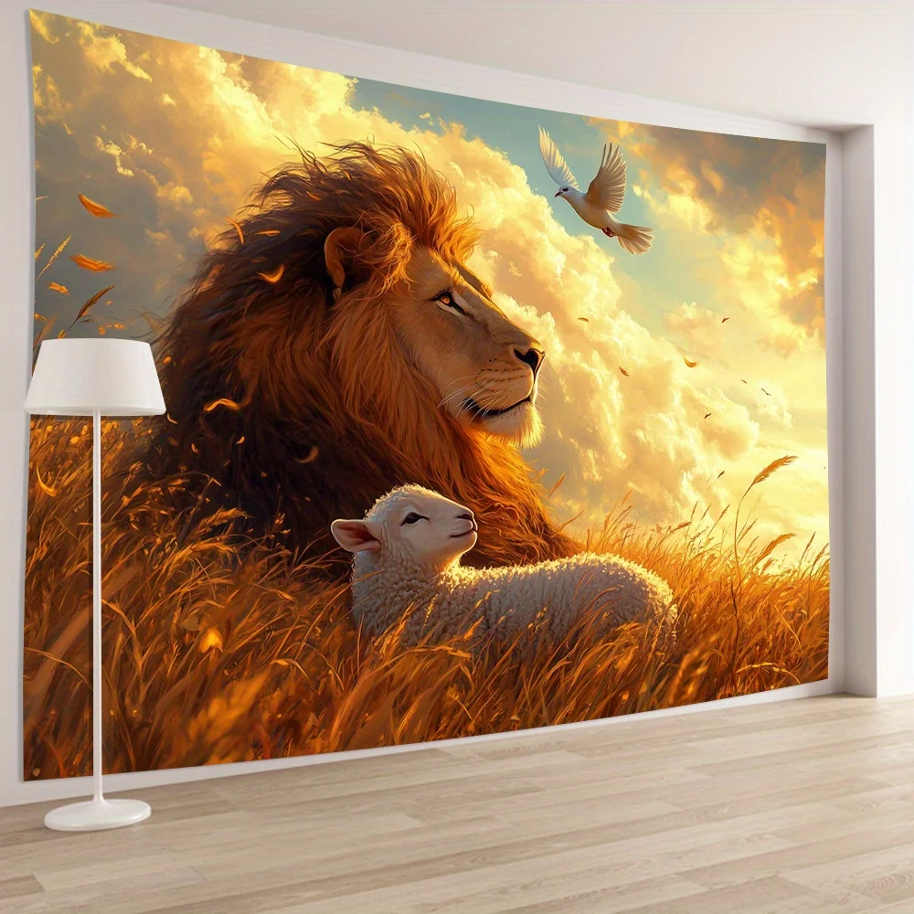 Gorgeous Style 3D Lion and Lamb Wall Tapestry - Polyester Decorative Hanging Plaque for Living Room, Office, Party Decoration