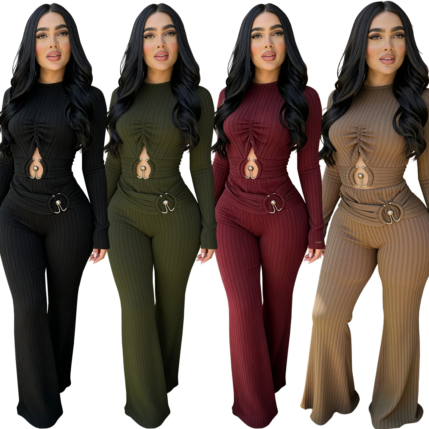 Women's Ribbed Knitted Jumpsuit Long Sleeve Cutout Keyhole High Waist Flare Pants Fashion Streetwear One Piece Outfits