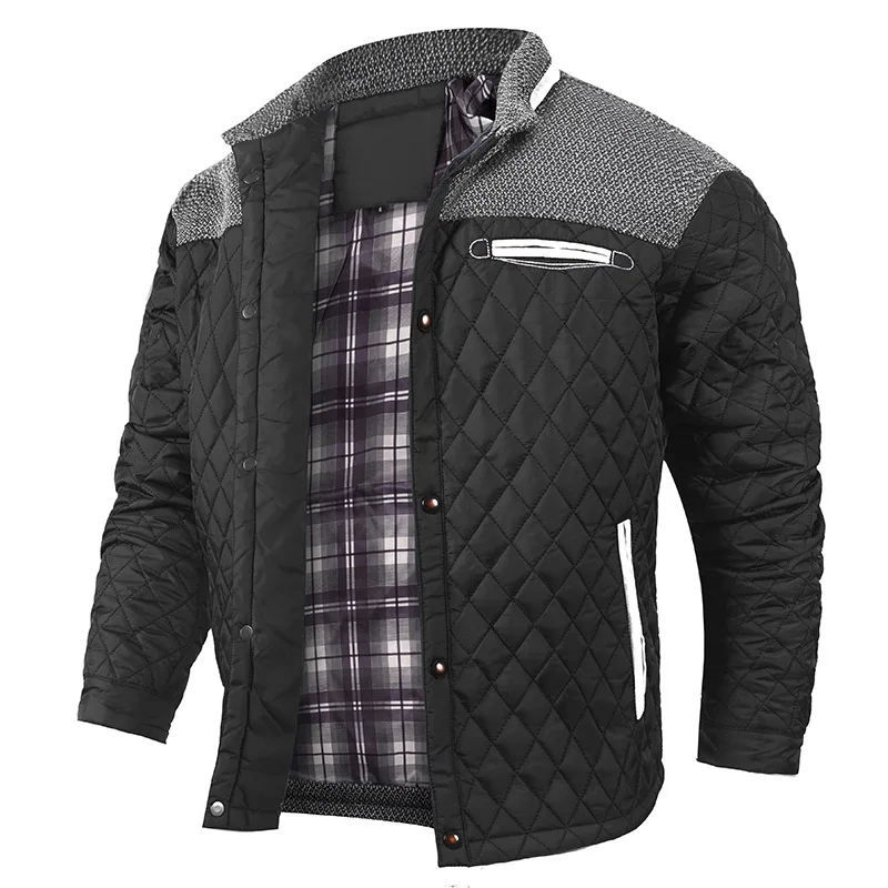 Autumn Men Jakcet Contrast Color Patchwork Plaid Stand Collar Male Coat Single-breasted Long Sleeve Casual Man Outerwear