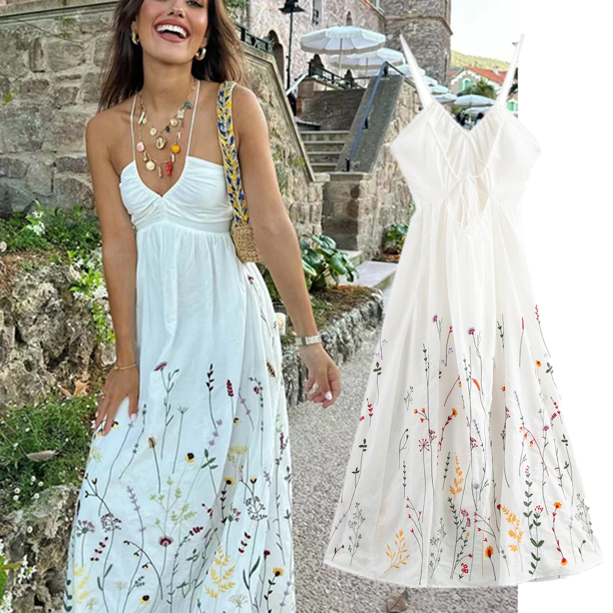 Withered  French Moroccan Style Flower Embroidered White Vacation Dress Women Tops Cotton Strapless Midi Dress