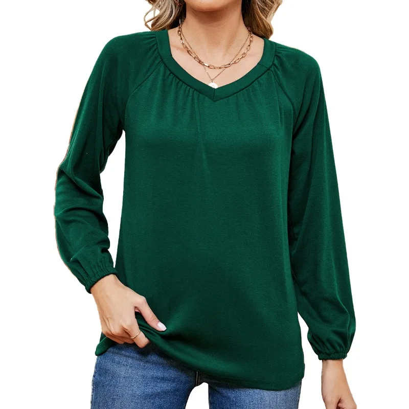 Spring and Autumn Women's Pullover Solid Color Pleated V-Neck Lantern Long Sleeve T-shirt Underlay Fashion Casual Elegant Tops