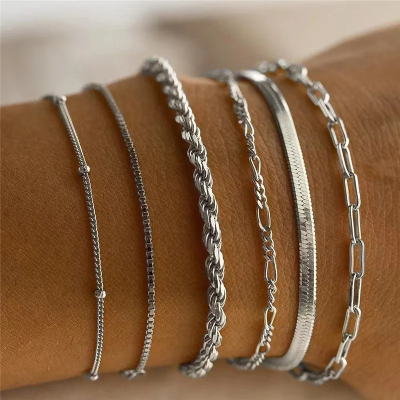 6Pcs Gold Color Bracelet Set Boho Retro Thick Twist Cuban Chain Bracelet For Women New Trendy Quality Jewelry Gifts