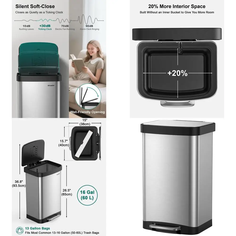 

16 Gallon Stainless Steel Kitchen Trash Can with Self-Closing Lid and Removable Liquid Tray